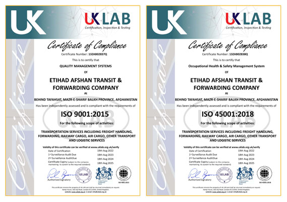 Combined ISO Certificates of Etihad Afshan Transit & Forwarding Company