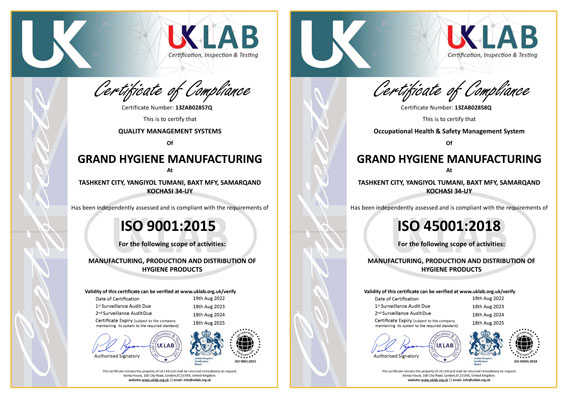 Combined ISO Certificates of Grand Hygiene Manufacturing