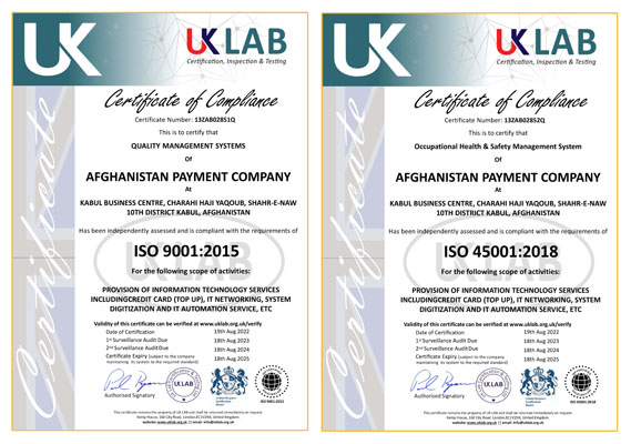 Combined ISO Certificates of Afghanistan Payment